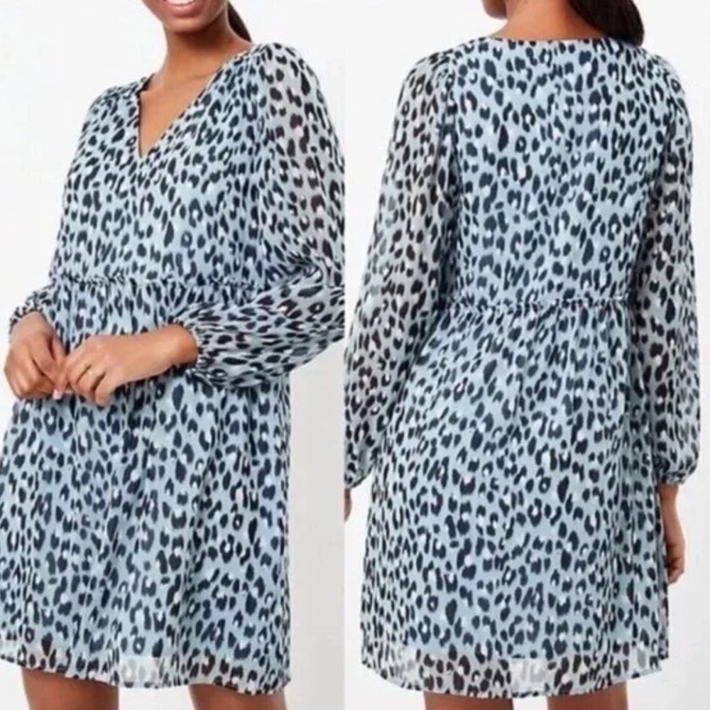 Ann Taylor Loft Blue Leopard Print Mini Dress Lightweight Long Sleeves Small
